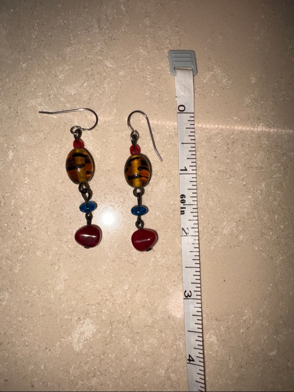 Handcrafted Multicolor Glass Bead Drop Earrings - Red, Amber & Blue